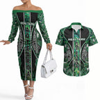 Aotearoa Ngai Tahu Couples Matching Off The Shoulder Long Sleeve Dress and Hawaiian Shirt Maori Tribal Dark Green Paua Shell Pattern