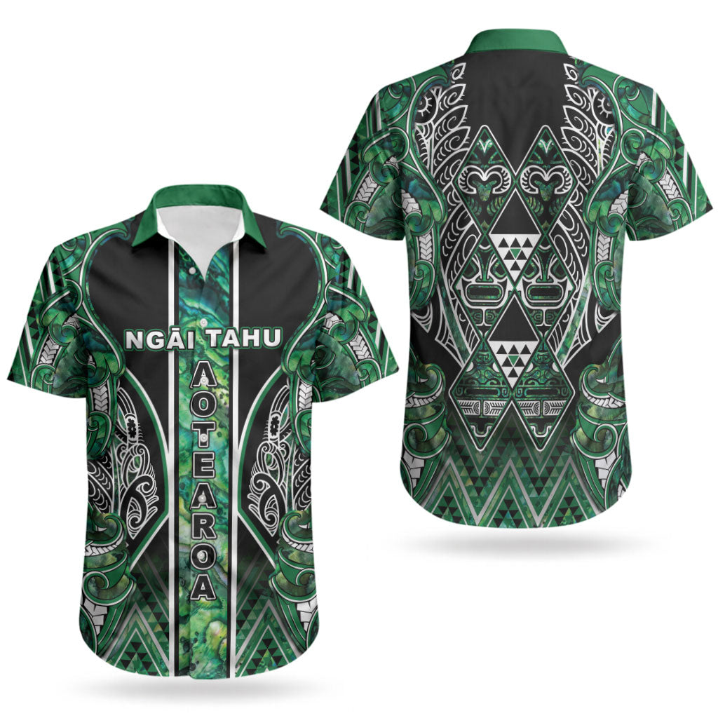 Aotearoa Ngai Tahu Couples Matching Off The Shoulder Long Sleeve Dress and Hawaiian Shirt Maori Tribal Dark Green Paua Shell Pattern