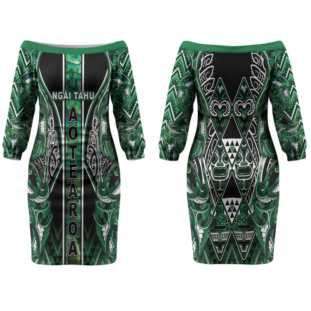 Aotearoa Ngai Tahu Couples Matching Off The Shoulder Long Sleeve Dress and Hawaiian Shirt Maori Tribal Dark Green Paua Shell Pattern