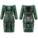 Aotearoa Ngai Tahu Couples Matching Off The Shoulder Long Sleeve Dress and Hawaiian Shirt Maori Tribal Dark Green Paua Shell Pattern