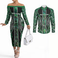 Aotearoa Ngai Tahu Couples Matching Off The Shoulder Long Sleeve Dress and Long Sleeve Button Shirt Maori Tribal Dark Green Paua Shell Pattern