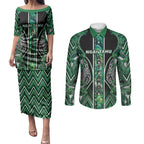 Aotearoa Ngai Tahu Couples Matching Puletasi and Long Sleeve Button Shirt Maori Tribal Dark Green Paua Shell Pattern