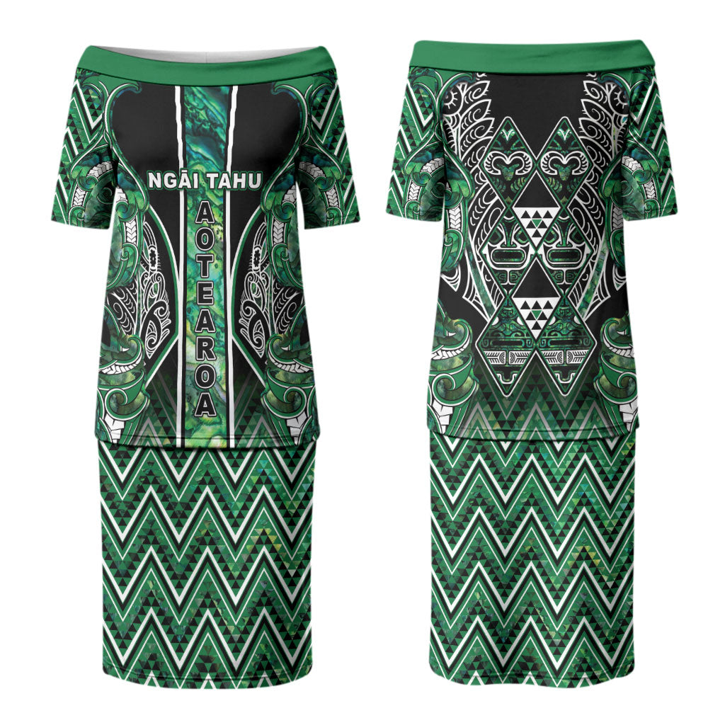 Aotearoa Ngai Tahu Couples Matching Puletasi and Long Sleeve Button Shirt Maori Tribal Dark Green Paua Shell Pattern