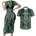 Aotearoa Ngai Tahu Couples Matching Short Sleeve Bodycon Dress and Hawaiian Shirt Maori Tribal Dark Green Paua Shell Pattern