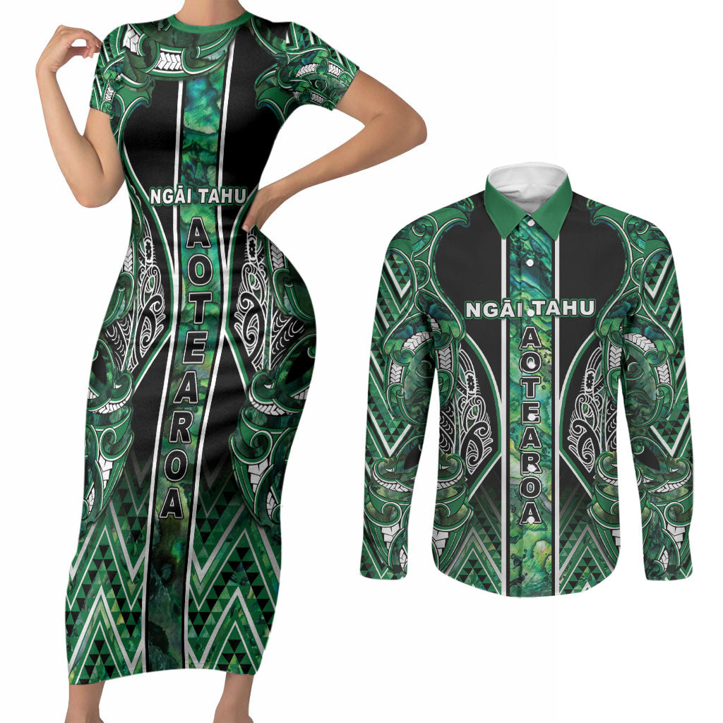 Aotearoa Ngai Tahu Couples Matching Short Sleeve Bodycon Dress and Long Sleeve Button Shirt Maori Tribal Dark Green Paua Shell Pattern
