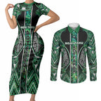 Aotearoa Ngai Tahu Couples Matching Short Sleeve Bodycon Dress and Long Sleeve Button Shirt Maori Tribal Dark Green Paua Shell Pattern