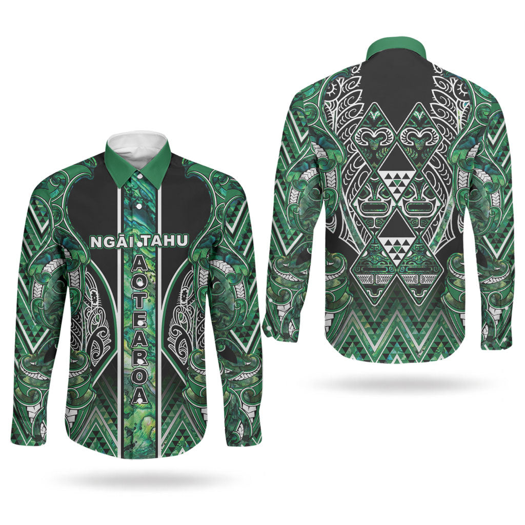 Aotearoa Ngai Tahu Couples Matching Short Sleeve Bodycon Dress and Long Sleeve Button Shirt Maori Tribal Dark Green Paua Shell Pattern