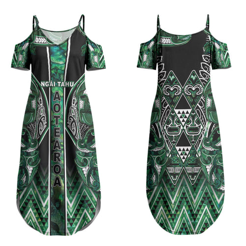 Aotearoa Ngai Tahu Couples Matching Summer Maxi Dress and Long Sleeve Button Shirt Maori Tribal Dark Green Paua Shell Pattern