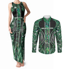 Aotearoa Ngai Tahu Couples Matching Tank Maxi Dress and Long Sleeve Button Shirt Maori Tribal Dark Green Paua Shell Pattern