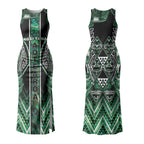 Aotearoa Ngai Tahu Couples Matching Tank Maxi Dress and Long Sleeve Button Shirt Maori Tribal Dark Green Paua Shell Pattern