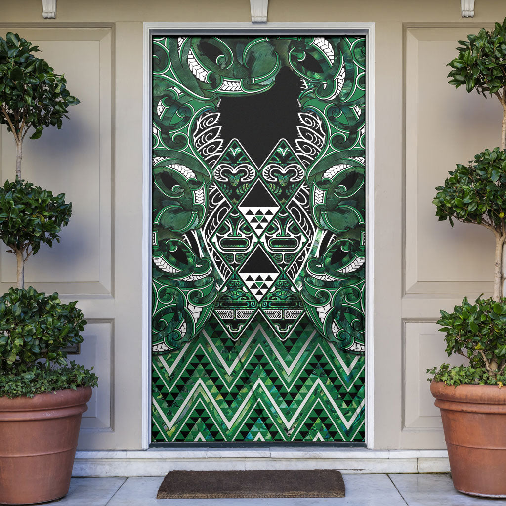 Aotearoa Ngai Tahu Door Cover Maori Tribal Dark Green Paua Shell Pattern