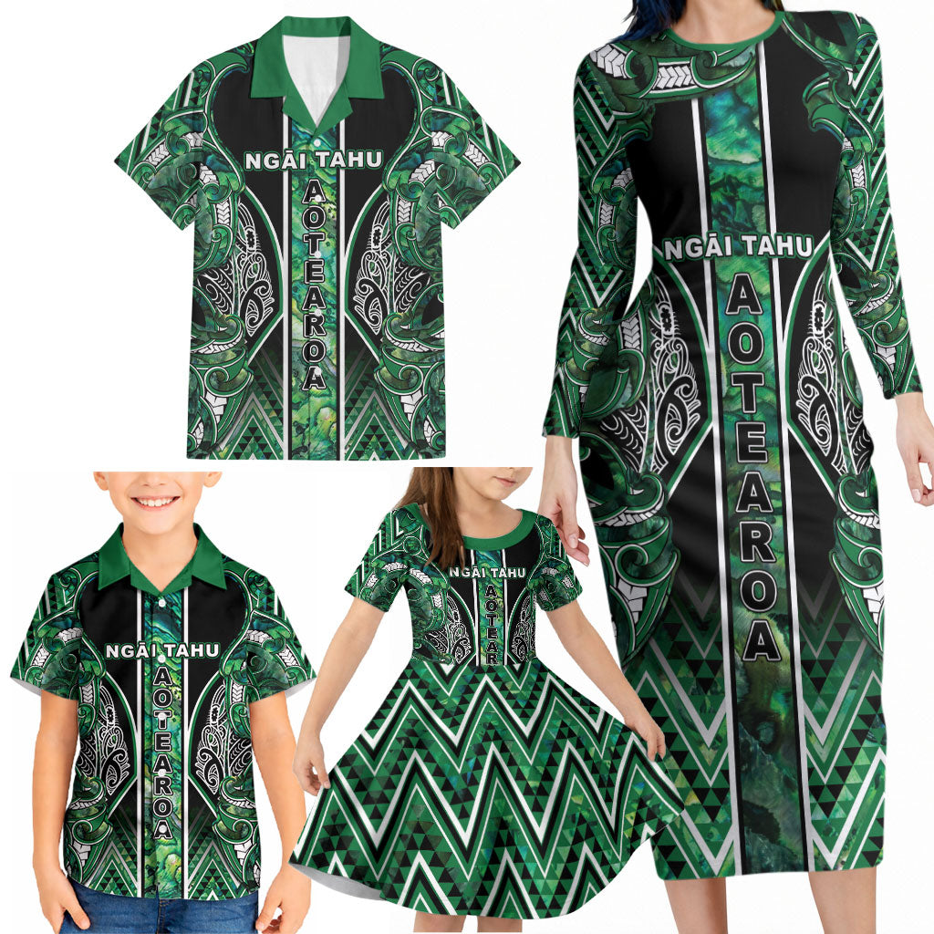 Aotearoa Ngai Tahu Family Matching Long Sleeve Bodycon Dress and Hawaiian Shirt Maori Tribal Dark Green Paua Shell Pattern