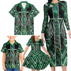 Aotearoa Ngai Tahu Family Matching Long Sleeve Bodycon Dress and Hawaiian Shirt Maori Tribal Dark Green Paua Shell Pattern