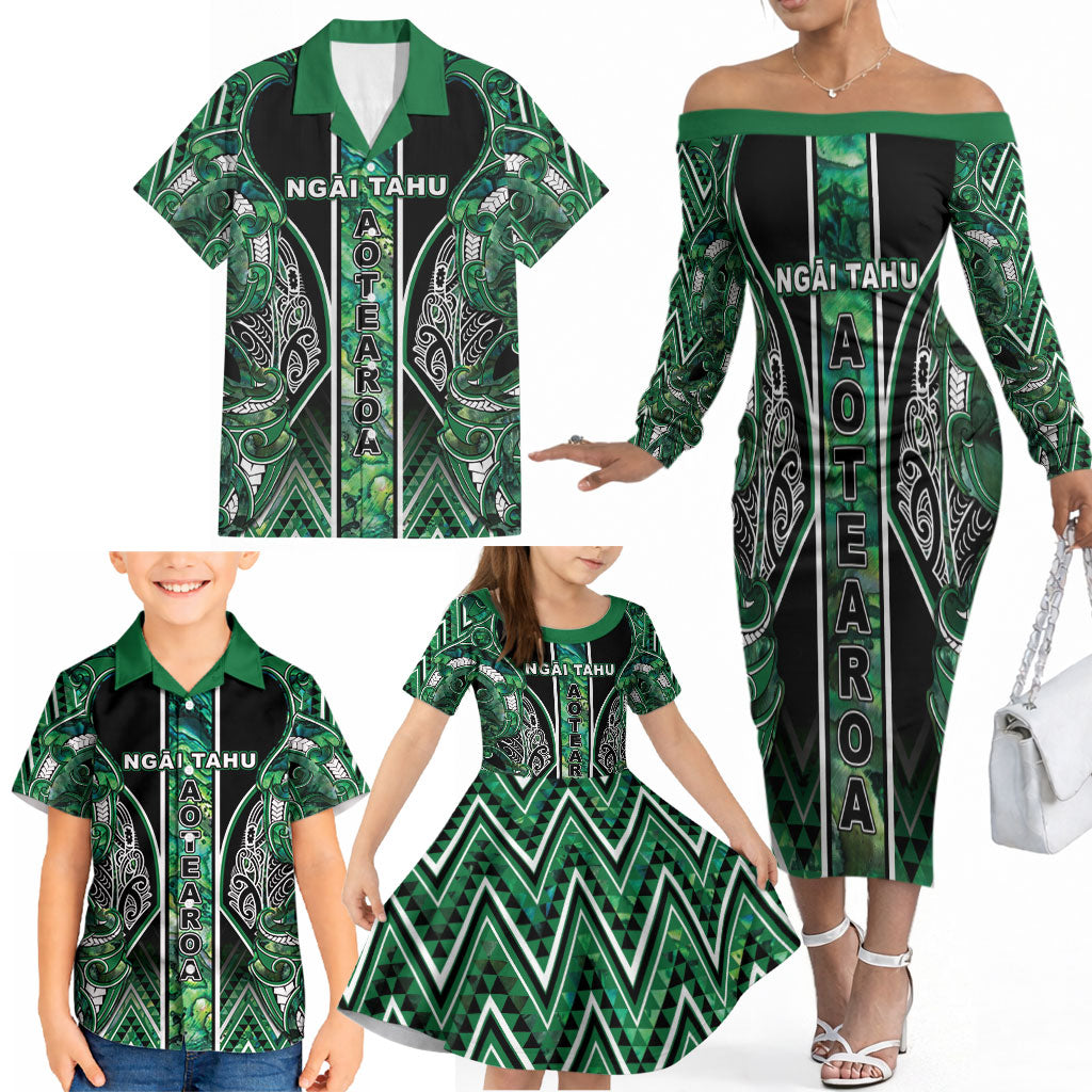 Aotearoa Ngai Tahu Family Matching Off The Shoulder Long Sleeve Dress and Hawaiian Shirt Maori Tribal Dark Green Paua Shell Pattern
