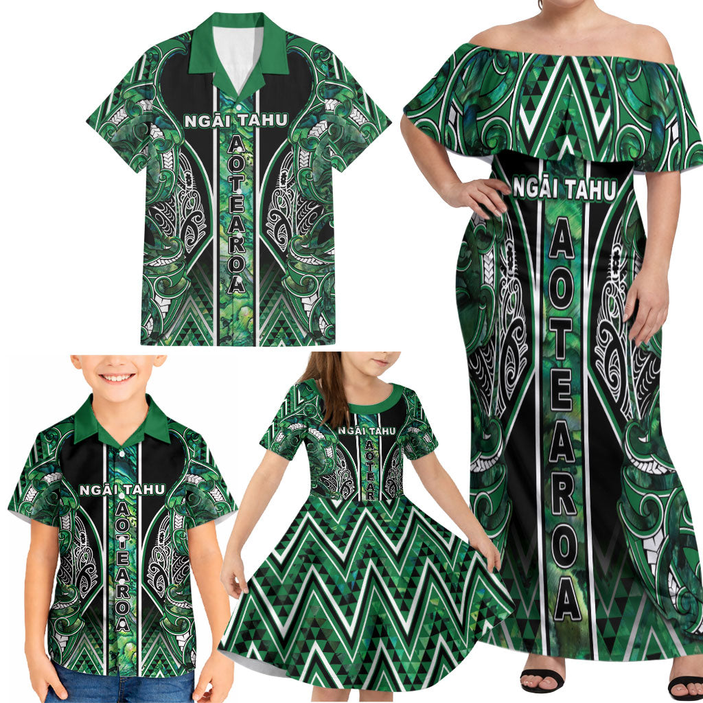 Aotearoa Ngai Tahu Family Matching Off Shoulder Maxi Dress and Hawaiian Shirt Maori Tribal Dark Green Paua Shell Pattern