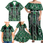 Aotearoa Ngai Tahu Family Matching Off Shoulder Maxi Dress and Hawaiian Shirt Maori Tribal Dark Green Paua Shell Pattern