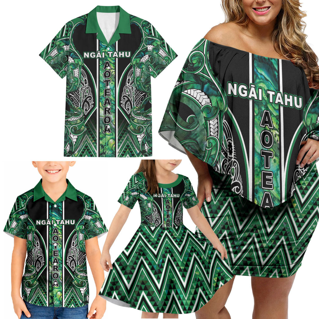 Aotearoa Ngai Tahu Family Matching Off Shoulder Short Dress and Hawaiian Shirt Maori Tribal Dark Green Paua Shell Pattern