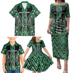 Aotearoa Ngai Tahu Family Matching Puletasi and Hawaiian Shirt Maori Tribal Dark Green Paua Shell Pattern
