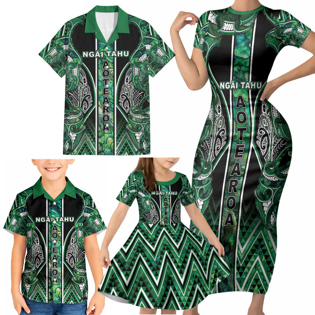 Aotearoa Ngai Tahu Family Matching Short Sleeve Bodycon Dress and Hawaiian Shirt Maori Tribal Dark Green Paua Shell Pattern