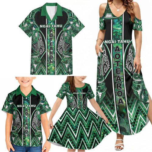 Aotearoa Ngai Tahu Family Matching Summer Maxi Dress and Hawaiian Shirt Maori Tribal Dark Green Paua Shell Pattern