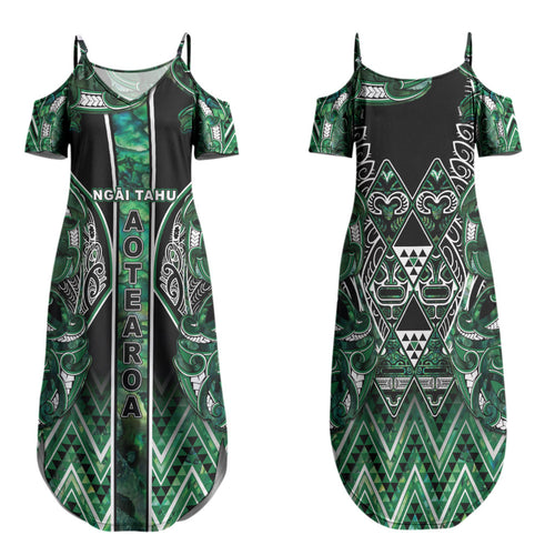 Aotearoa Ngai Tahu Family Matching Summer Maxi Dress and Hawaiian Shirt Maori Tribal Dark Green Paua Shell Pattern