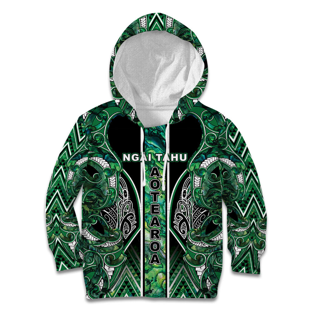 Aotearoa Ngai Tahu Kid Hoodie Maori Tribal Dark Green Paua Shell Pattern