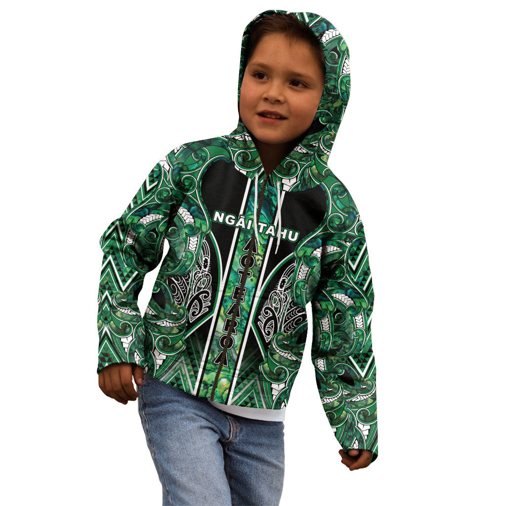 Aotearoa Ngai Tahu Kid Hoodie Maori Tribal Dark Green Paua Shell Pattern