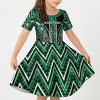Aotearoa Ngai Tahu Kid Short Sleeve Dress Maori Tribal Dark Green Paua Shell Pattern