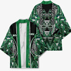 Aotearoa Ngai Tahu Kimono Maori Tribal Dark Green Paua Shell Pattern