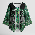 Aotearoa Ngai Tahu Kimono Sleeve Blouse Maori Tribal Dark Green Paua Shell Pattern