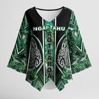 Aotearoa Ngai Tahu Kimono Sleeve Blouse Maori Tribal Dark Green Paua Shell Pattern