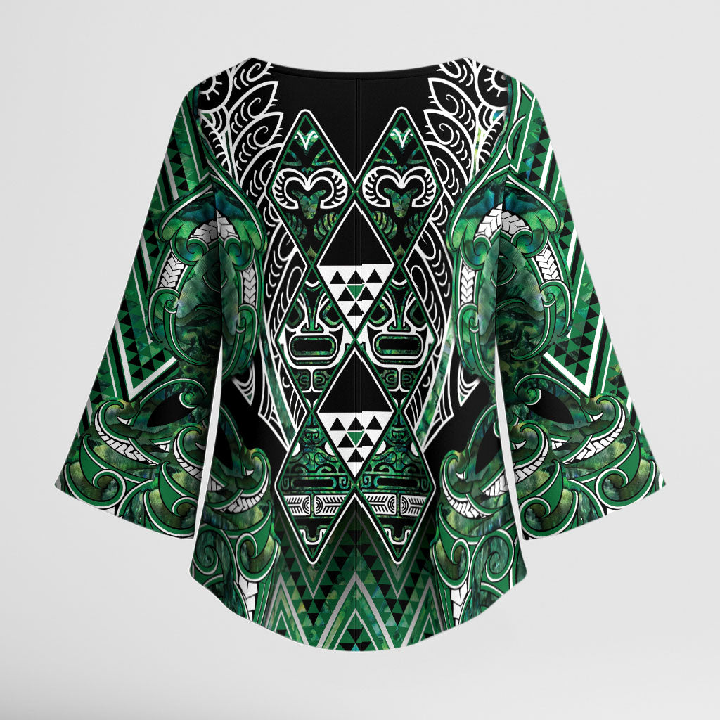 Aotearoa Ngai Tahu Kimono Sleeve Blouse Maori Tribal Dark Green Paua Shell Pattern