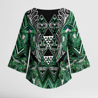 Aotearoa Ngai Tahu Kimono Sleeve Blouse Maori Tribal Dark Green Paua Shell Pattern