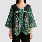 Aotearoa Ngai Tahu Kimono Sleeve Blouse Maori Tribal Dark Green Paua Shell Pattern