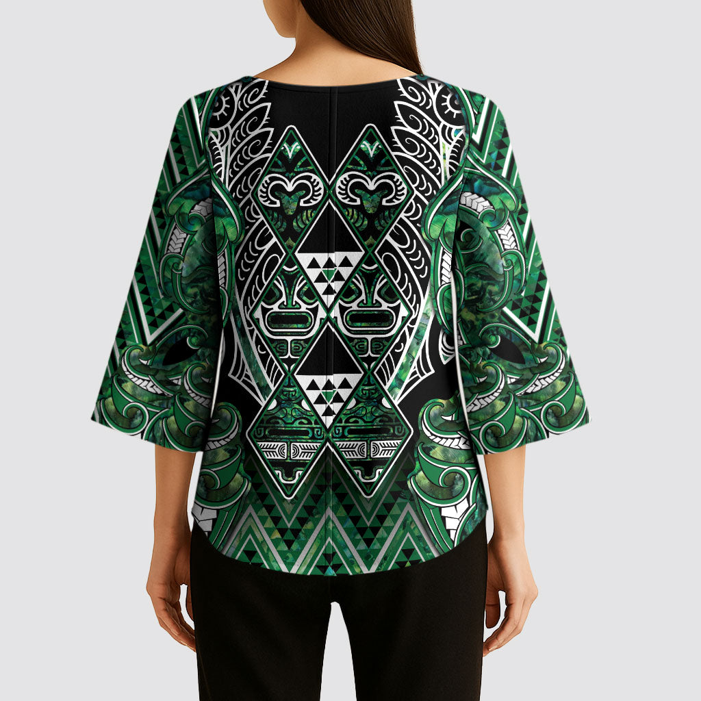 Aotearoa Ngai Tahu Kimono Sleeve Blouse Maori Tribal Dark Green Paua Shell Pattern