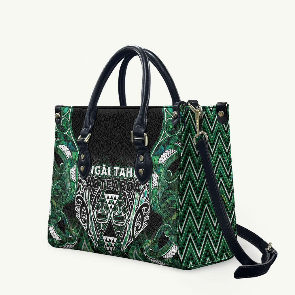 Aotearoa Ngai Tahu Leather Bag Maori Tribal Dark Green Paua Shell Pattern