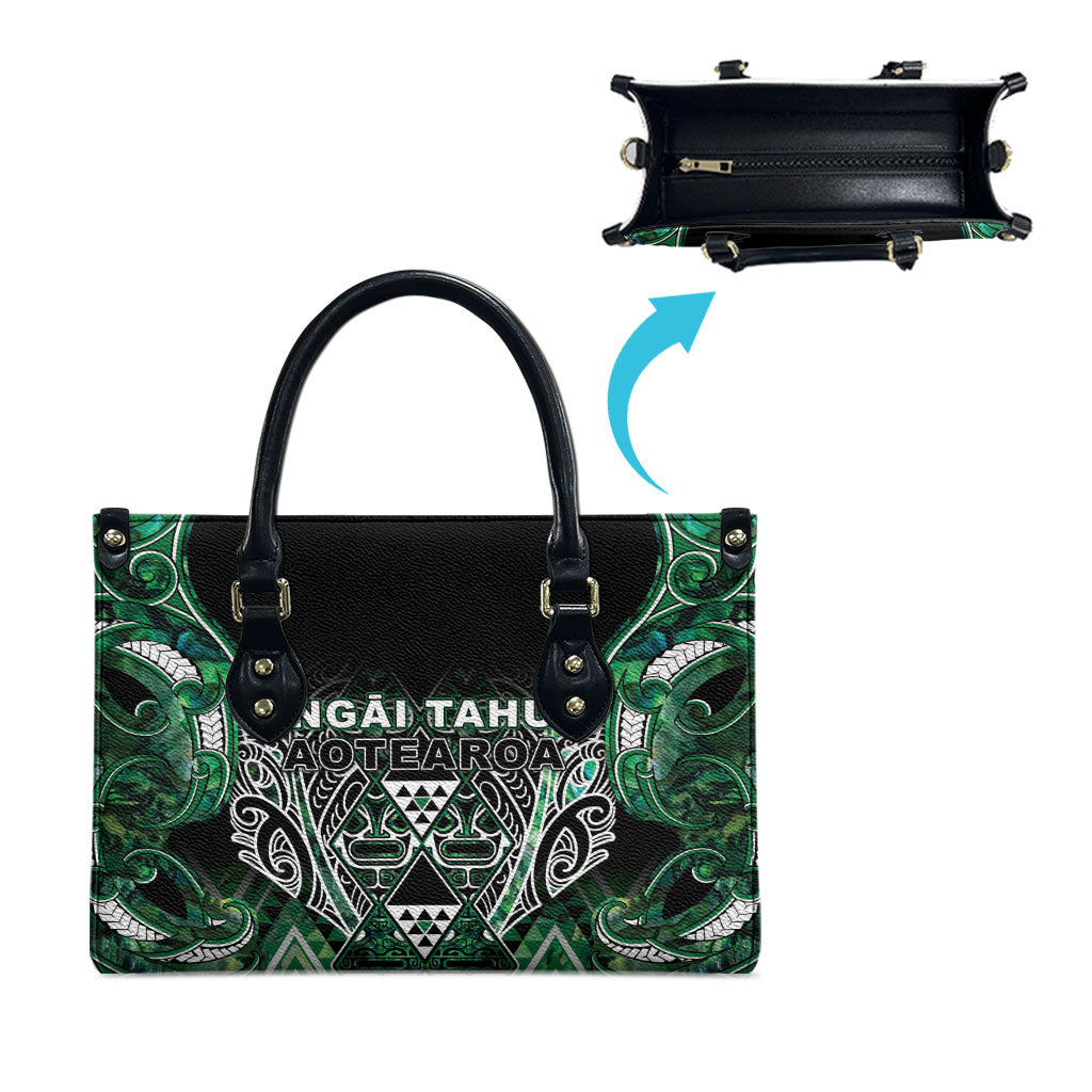 Aotearoa Ngai Tahu Leather Bag Maori Tribal Dark Green Paua Shell Pattern