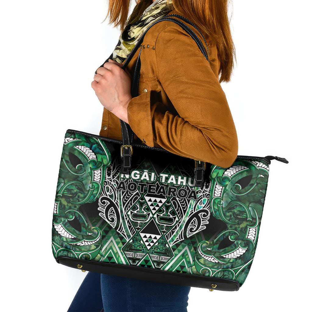 Aotearoa Ngai Tahu Leather Tote Bag Maori Tribal Dark Green Paua Shell Pattern