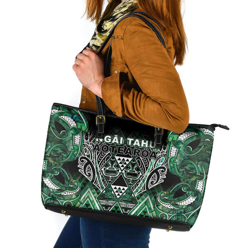 Aotearoa Ngai Tahu Leather Tote Bag Maori Tribal Dark Green Paua Shell Pattern