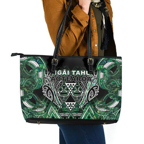Aotearoa Ngai Tahu Leather Tote Bag Maori Tribal Dark Green Paua Shell Pattern