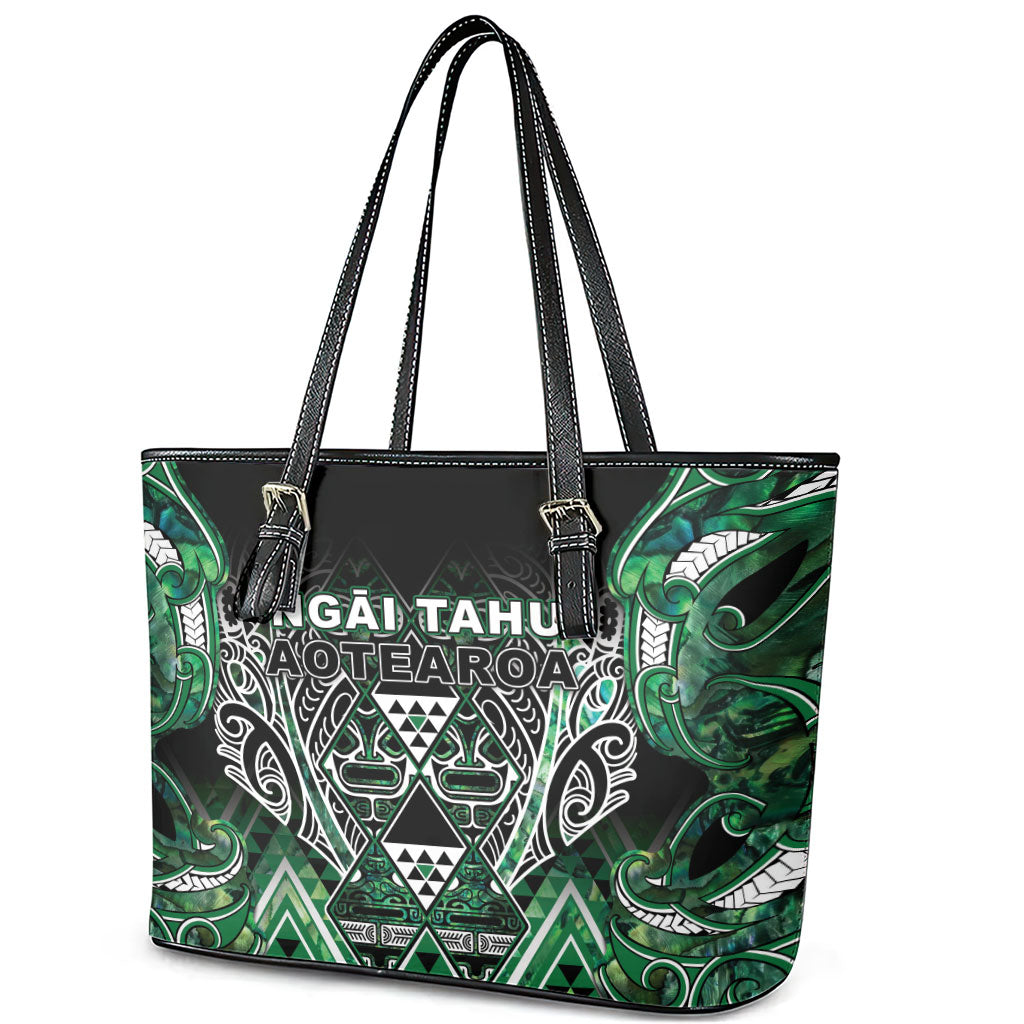 Aotearoa Ngai Tahu Leather Tote Bag Maori Tribal Dark Green Paua Shell Pattern