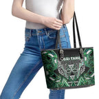 Aotearoa Ngai Tahu Leather Tote Bag Maori Tribal Dark Green Paua Shell Pattern