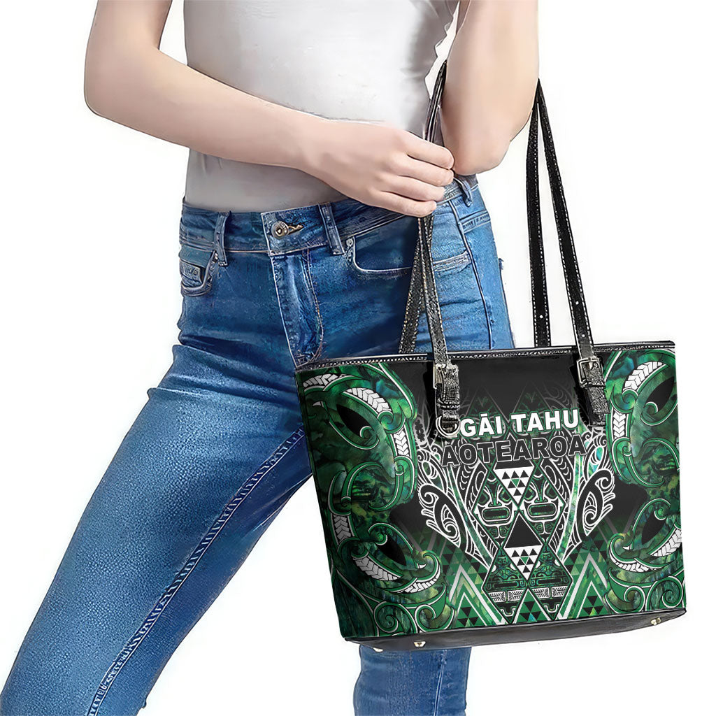 Aotearoa Ngai Tahu Leather Tote Bag Maori Tribal Dark Green Paua Shell Pattern