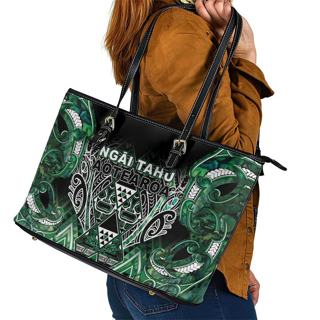 Aotearoa Ngai Tahu Leather Tote Bag Maori Tribal Dark Green Paua Shell Pattern