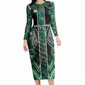 Aotearoa Ngai Tahu Long Sleeve Bodycon Dress Maori Tribal Dark Green Paua Shell Pattern