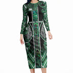 Aotearoa Ngai Tahu Long Sleeve Bodycon Dress Maori Tribal Dark Green Paua Shell Pattern