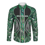 Aotearoa Ngai Tahu Long Sleeve Button Shirt Maori Tribal Dark Green Paua Shell Pattern