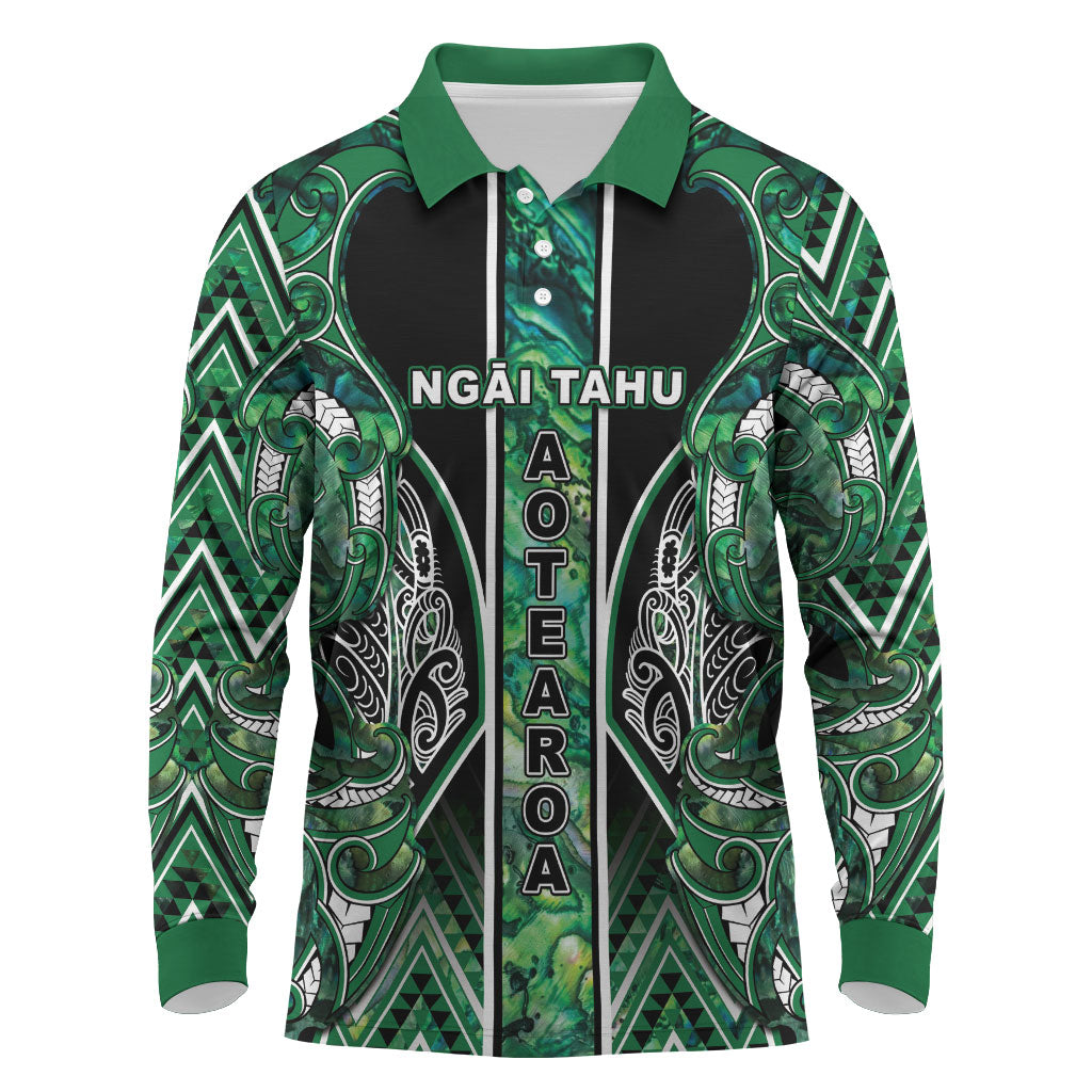 Aotearoa Ngai Tahu Long Sleeve Polo Shirt Maori Tribal Dark Green Paua Shell Pattern