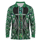 Aotearoa Ngai Tahu Long Sleeve Polo Shirt Maori Tribal Dark Green Paua Shell Pattern