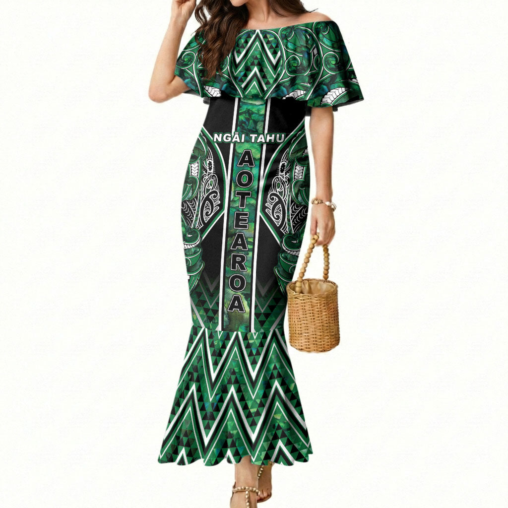Aotearoa Ngai Tahu Mermaid Dress Maori Tribal Dark Green Paua Shell Pattern